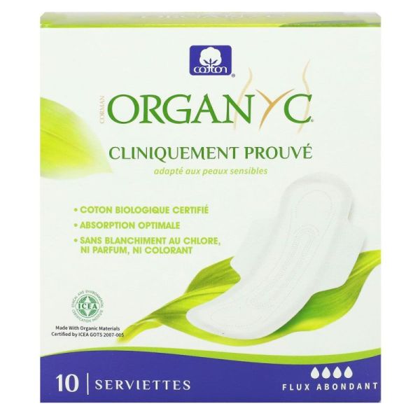 Organyc Serviettes Périodiques Coton Bio Flux Abondant Boite de 10