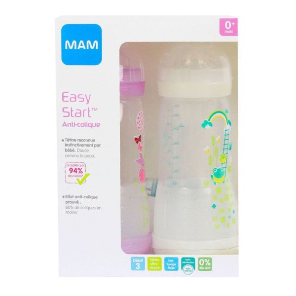 Mam Easy start Biberon Anti-colique 0+mois Débit 3 Bleu/Gris - Lot de 2  Biberons 330ml