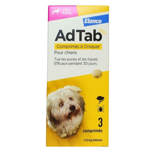AdTab Comprimés à Croquer Puces et Tiques Chiens inf2.5-5.5 kg 3 Comprimés