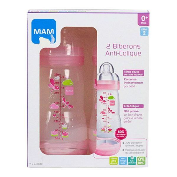 MAM Biberon easy start anti-colique 260 ml rose - Tétine débit 2