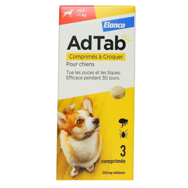 AdTab Comprimés à Croquer Puces et Tiques Chiens inf 5.5-11 kg 3 Comprimés