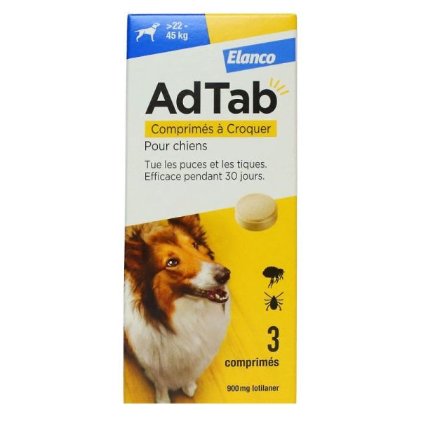 AdTab Comprimés à Croquer Puces et Tiques Chiens inf 22-45 kg 3 Comprimés
