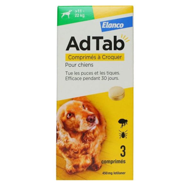 AdTab Comprimés à Croquer Puces et Tiques Chiens inf 11kg-22 kg 3 Comprimés