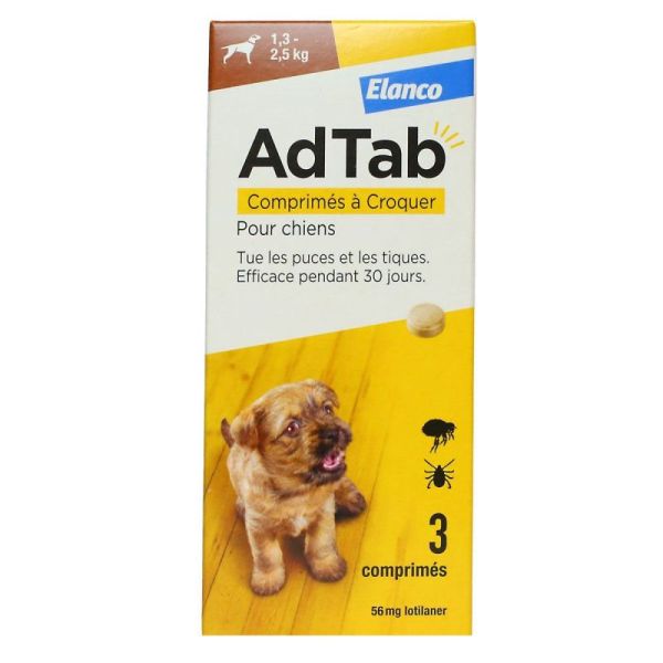 AdTab Comprimés à Croquer Puces et Tiques Chiens 1.3-2.5 kg 3 Comprimés